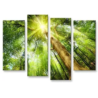 islandburner Bild Bilder auf Leinwand Leuchtender Wald Sonne Bäume 4er XXL Poster Leinwandbild Wandbild Dekoartikel Wohnzimmer Marke