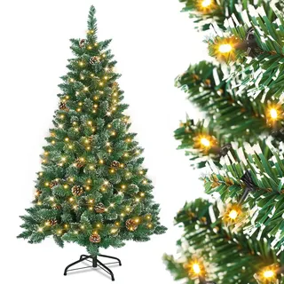 UISEBRT Weihnachtsbaum Künstlich mit Beleuchtung 240cm - LED Weihnachtsbäume Tannenbaum Christbaum Dekobaum mit Lichterkette und Ständer, Weihnachtsdeko, Grün PVC mit Schnee-Effekt & Kiefernzapfen