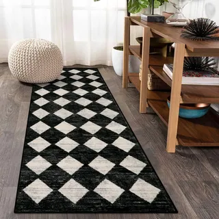 Lahome Marokkanischer geometrischer Läufer – 5.8x15.2 cm, waschbar, schwarz, Badezimmerläufer, Waschküche, Teppichläufer, modern, weich, rutschfest, für den Innenbereich, Eingangsbereich, Wohnmobil