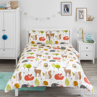 Bloomsbury Mill - Bettwäsche 200 x 200 cm Waldtiere für Kinder – Doppelbett Bettwäscheset für Jungen und Mädchen – Eule, Fuchs & Hirsch Wendebettwäsche und 2 Kissenbezug Set