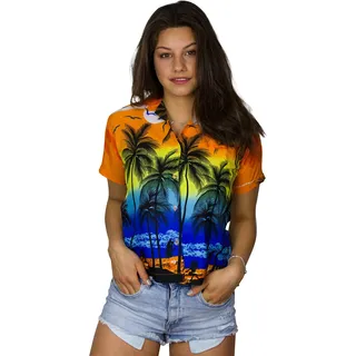 King Kameha Funky Hawaii-Bluse-Hemd, Damen, Kurzarm, JK-Beach, Orange, L - L