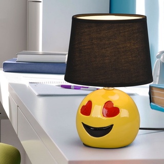Nachttischlampe Keramik Tischlampe für Schlafzimmer Wohnzimmerlampe Tischlampe Modern, Emoji mit Herzaugen gelb, Textil schwarz, E14 Fassung, DxH 18x26 cm