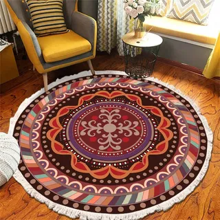 Tomifine Mandala Rund Teppich Quasten, Böhmen Handgewebte Baumwolle Teppiche für Schlafzimmer Wohnzimmer Hausdekor (90 cm,Braun Orange)
