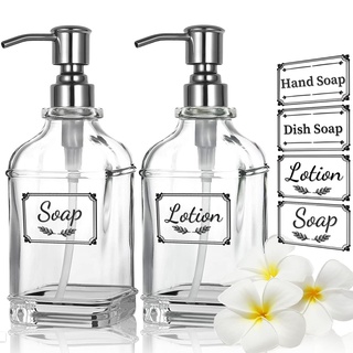2er Pack vielseitige Glas-Seifenspender-Flasche mit Pumpe, 12 Oz tropffreie Edelstahl-Pumpenflasche, nachfüllbarer Flüssigkeits-Handspender für Bad, Arbeitsplatte, Küche mit 8 wasserfesten Etiketten
