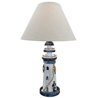 Linoows Tischleuchte Tischlampe mit Leuchtturm, Maritime Schirm Lampe, ohne Leuchtmittel, Leuchtmittel abhängig, Schirm Leuchte aus Holz bunt|weiß
