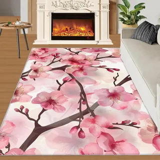 Kirschblüten-Teppiche für Mädchenzimmer, 160 x 230 cm, rutschfest, waschbar, japanisches Design, weicher niedriger Flor, romantischer rosa Teppich, botanischer Blumen-Stil