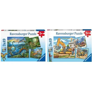 Ravensburger Kinderpuzzle - 09317 Faszination Dinosaurier & Kinderpuzzle - 09226 Große Baufahrzeuge - Puzzle für Kinder ab 5 Jahren, mit 3x49 Teilen
