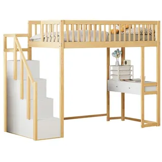 REDOM Kinderbett Hochbett Stauraumbett Holzbett Gästebett (mit Multifunktionstisch und Sicherer Aufbewahrungstreppe, Massiv Kiefernholz, Weiß, für Kinder und Jugendliche), ohne Matratze