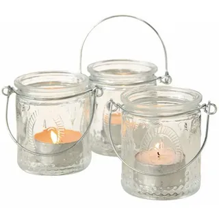 Spetebo Glas Teelichthalter - 3er Set / 7 cm / Windlilcht mit Bügel zum Hängen für Innen und Außen transparent