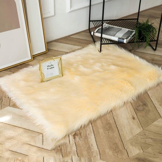 SODKK Lammfellimitat Teppich Kinderteppiche, mit 8 waschbare Anti-Rutsch Teppich Aufkleber Flauschig Weiche für Als Faux Bett Vorleger (Beige 100 x 140 cm)