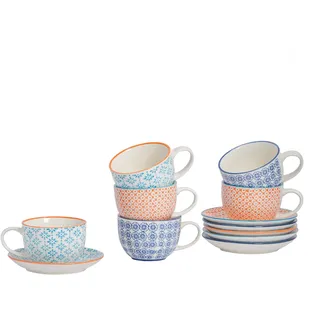 Nicola Spring Cappuccino-Tassen & Untertassen – 3-farbig – 12-teiliges Set
