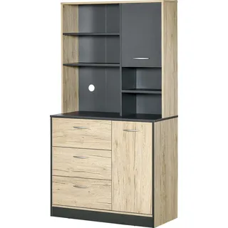 HOMCOM Küchenbuffet Küchenschrank mit vielfältigen Aufbewahrungsmöglichkeiten 2 Türen 3 Schubladen 3 Regale + große Arbeitsplatte 90L x 39B x 169H cm zweifarbig Eiche Grau   Aosom