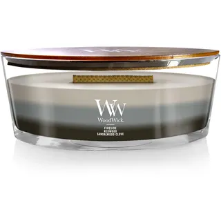 Woodwick Das heiße Warmes Holz Trilogy Kamin, Mammutbaum, Sandelholz Nelke Dekorative Duftkerze im ovalformigem Glasgefäß, 453.6 g, Glas, Weiß-grau-dunkel Grau/durchsichtig, 11.1 x 18.9 x 8.8 cm