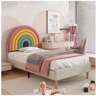 Flieks Polsterbett, Kinderbett mit verstellbarem Regenbogen-Kopfteil 90x200cm Samt beige 90 cm x 206 cm x 118.5 cm