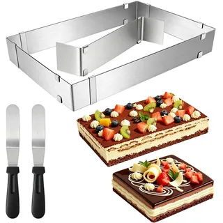 Elalove Backrahmen rechteckig verstellbar 5cm hoch 28-53cm längeneinstellbar mit 2 Spateln backform kuchenform eckig für backblech