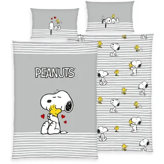 Herding Peanuts Bettwäsche Snoopy & Woodstock 40x60 + 100x135cm | 100% Baumwolle, mit Reißverschluss