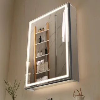 Vevor beleuchteter Medizinschrank mit Spiegel (50 x 70 cm), Einbau- oder Wandmontage, 3-farbig dimmbarer mit Bodenbeleuchtung, verstellbarer Regalaufbewahrung