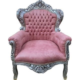 Casa Padrino Barock Sessel Rosa / Silber - Handgefertigter Massivholz Wohnzimmer Sessel mit Kunstleder - Antik Stil Wohnzimmer Sessel - Barock Wohnzimmer Möbel