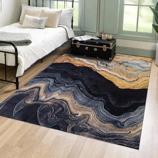 Mazovia Groß Teppich Wohnzimmer 200x300cm Schwarz Gold Abstrakt Stilvoll | Teppich für Schlafzimmer Esszimmer Büro Rutschfest Maschinenwaschbar Wetterfest Pflegeleicht Tierfreundlich Kurzflor Modern