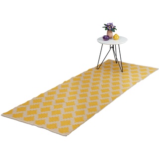 Relaxdays Teppich, Baumwolle, 80x200 cm, rutschfest, handgewebt, Rauten Muster, Teppichläufer, Flur, Küche, beige/gelb