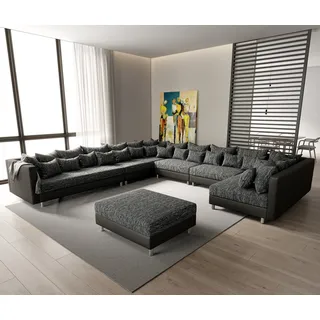 DELIFE Wohnlandschaft Clovis, XXL Schwarz mit Hocker Ottomane Links Wohnlandschaft Modulsofa schwarz