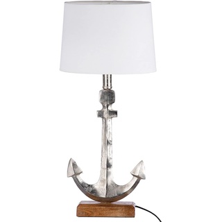 GILDE Maritime Lampe Alu-Anker auf Mangoholzsockel mit weißem Schirm