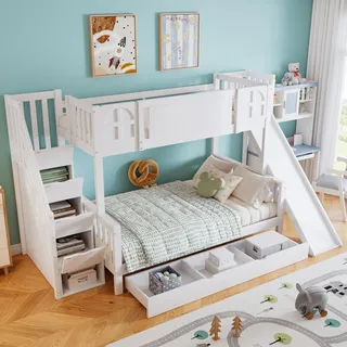 Merax Etagenbett 90x200cm, Kinderbett Hochbett mit Stauraumtreppe & Rutsche, Platzsparendes Stockbett mit Große Schublade & 2 Lattenrost & Rausfallschutz, Praktisches Jugendbett, Ohne Matratze, Weiß