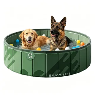 MRDEER Hundepool Große Hunde, 120 x 30 cm Hundeplanschbecken Faltbare, rutschfest Tragbar PVC Hundebadewanne mit Ablauf, Hundeschwimmbad Bällebad, Grün
