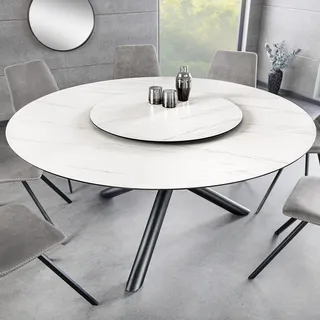 Runder Esstisch SPIN 150cm weiß Keramik Marmor-Design schwarz mit Drehplatte