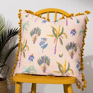 furn. Chamae Kissen mit Blumenmuster, Baumwolle, Quasten, Federn, gefüllt