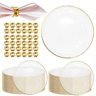 Gold Platzteller & Serviettenring Set - 50 elegante 33 cm Acryl Platzteller mit Goldrand & 50 gehämmerte Serviettenringe - Esstisch Dekor für Hochzeiten, Partys & besondere Anlässe - 50 Stück