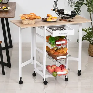 Klappbarer Servierwagen Mit 6 Rädern, 3 Körben, Schublade Und 2 Klappen, Küchenwagen Aus Mdf Und Metall, 37 X 37 X 77,5 Cm, Weiß Und Holz