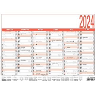 Arbeitstagekalender 2024 - A4 (29,7 x 21 cm) - 6 Monate auf 1 Seite - Tafelkalender - Plakatkalender - Jahresplaner - 907-0000