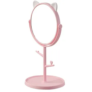 EUROXANTY Make-up Spiegel | runder Spiegel | Schminkspiegel | Kosmetikspiegel | Tischspiegel | Rundspiegel | Kleiner Spiegel mit Ablage | schwenkbarer Standspiegel | katzenförmiger Spiegel | Rosa