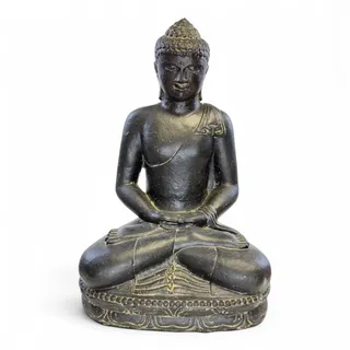 Stein Buddha Skulptur – Sitzende Buddha Figur – Schwarz-Gold – Handgefertigt, dekorativ und ausdrucksstark – 45x30x20 cm - Schwarz/Gold