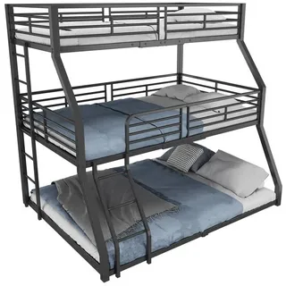 Merax Etagenbett, 90x200cm/120x200cm/140x200cm Dreierbett Metallbett Kinderbett schwarz