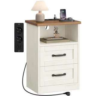 Hzuaneri Nachttisch, Beistelltisch mit Ladestation, 2 AC, 2 USB | mit 3 Schubladen, Landhaus Stil, für Schlafzimmer und Wohnzimmer, 30 x 40 x 60 cm, Vintageweiß-honigbraun NS10214XEU