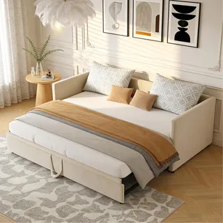 DAHUEN Schlafsofa 90/180 x 200 cm, 2-Sitzer-Sofa, ausklappbar, mit Ausziehbett, Bett mit Lattenrost, Velours, Beige, Matratze nicht im Lieferumfang enthalten (beige)