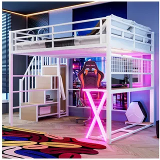 Flieks Hochbett LED Metallbett 160x200 mit Schreibtisch Kleiderschrank Stauraumtreppe weiß 170 cm