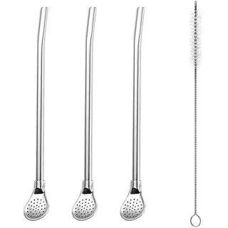 ZUWIJEQ 3 Pcs Bombilla Yerba Mate Strohhalme, Wiederverwendbarer Tee-Kaffee-Cocktail Edelstahl gebogener glatter Fluss Trink-Rührfilter-Löffel-Strohhalme mit Reinigungsbürste mit Reinigungsbürsten