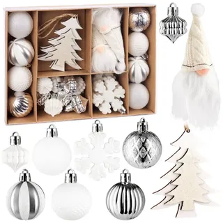 Brubaker 24 Stück Christbaumschmuck Weiß und Silber - Weihnachtskugel Set mit Wichtel Zwergen, Tannenbäumen, Schneeflocken und gemusterte Glitzer Baumkugeln - Baumschmuck aus Holz und Plastik