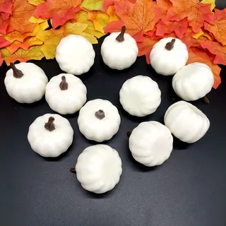 Mini Halloween Kürbisse Set, 12 Stück Herbstdeko Kürbis Dekoration, Herbst Kürbisse, Kürbis Deko für Innen, Esstisch, Garten für Herbst Halloween Party Thanksgiving Urlaub Dekor Anzeige (Weiß)
