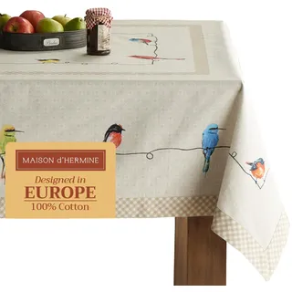 Maison d'Hermine Tischdecke, rechteckig, 100% Baumwolle, 180 cm x 140 cm. Wiederverwendbar, für den täglichen Gebrauch, zum Essen, für Partys, Festliche Anlässe und Frühjahr Sommer (Birdies On Wire)