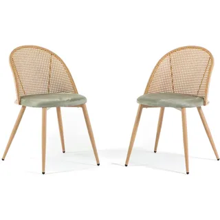 RATTATAN 2 Esszimmerstühle aus Rattan mit Metallgestell in Holzoptik, Sitzkissen aus Samt, für Küche, Wohnzimmer, Bar oder Restaurant – Lina
