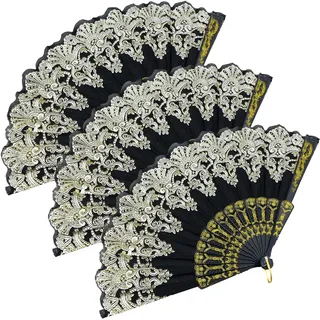 3er Set Handfächer schwarz Hochzeitfächer Spitze Fächer Spanische Faltbare Fächer Wand-Dekofächer Stofffächer aus Kunststoff&Stoff Faltfächer für Halloween Karneval Zubehör Party Geschenk