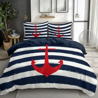 Quixora Anker Blau Weiß Streifen Bettwäsche Set Dunkelblau Bettbezug mit Reißverschluss Pflegeleicht Atmungsaktiv Mikrofaser 155 x 220 cm 2 Kissenbezug 80x80cm