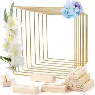 6er Set Metall Blumenreifen Deko-Ring mit Holzständer 20x20x0,3cm Gold Quadratisch Eisenrahmen Tischdeko für Zuhause und Büro Minimalistisch Rustikale(20cm)