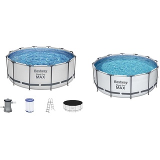 Bestway Steel Pro MAX Frame Pool Komplett-Set mit Filterpumpe Ø 366 x 122 cm, lichtgrau, rund & FlowclearTM Solarabdeckplane, Ø 356 cm, für runde 366 cm und 396 cm Aufstellpools, blau