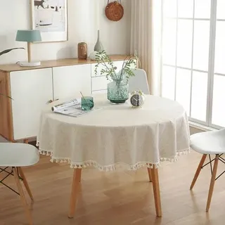 Runde Tischdecke, 120 Cm, Leinen Und Baumwolle, Waschbar, Fleckenabweisend, Mit Quasten Für Geburtstage, Hochzeiten, Esszimmer Und Couchtische.