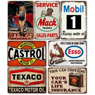 7er Set Retro Garage Deko Blechschilder Vintage Motorrad Garage Metall Poster Werkstatt Blechschild Auto Bar Schild Benzin Motoröl Laden Wandschild 8x12 Inch